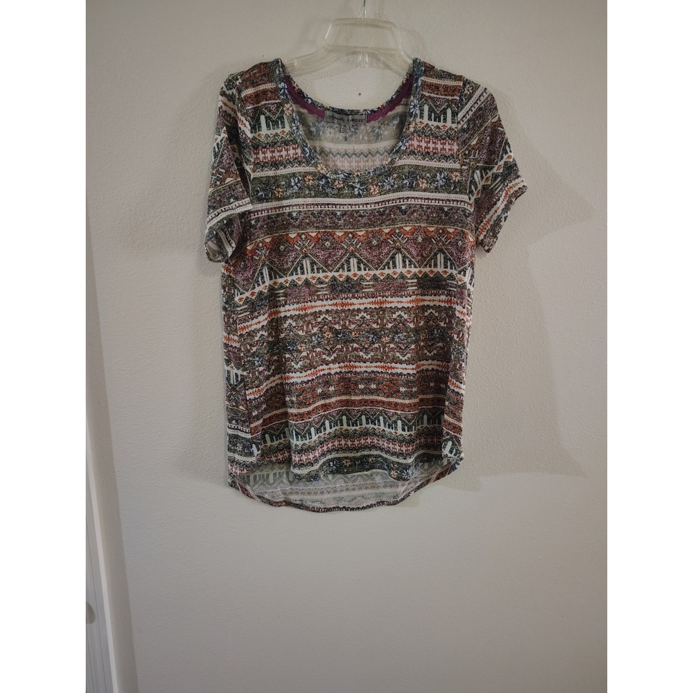 Absolutely Famous Womens XL Short Sleeve Boho Fair Isle Geometric Print Top